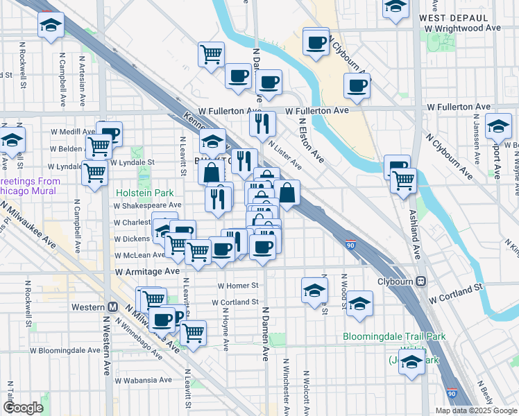 map of restaurants, bars, coffee shops, grocery stores, and more near in Chicago