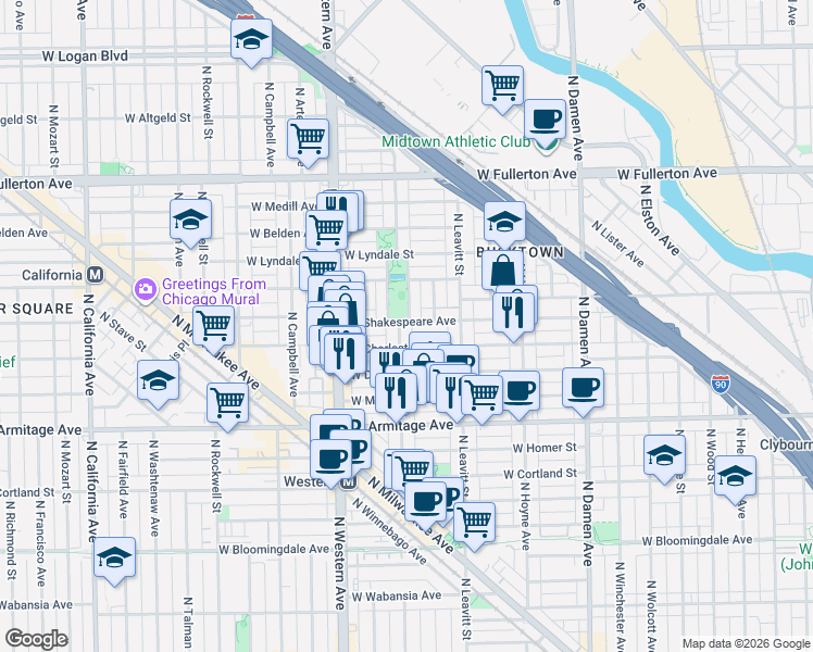 map of restaurants, bars, coffee shops, grocery stores, and more near 2235 West Shakespeare Avenue in Chicago