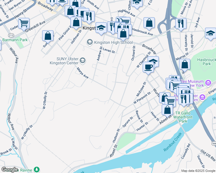 map of restaurants, bars, coffee shops, grocery stores, and more near 36 Ohio Street in Kingston