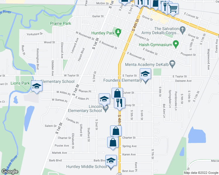map of restaurants, bars, coffee shops, grocery stores, and more near 825 Lacas Street in DeKalb