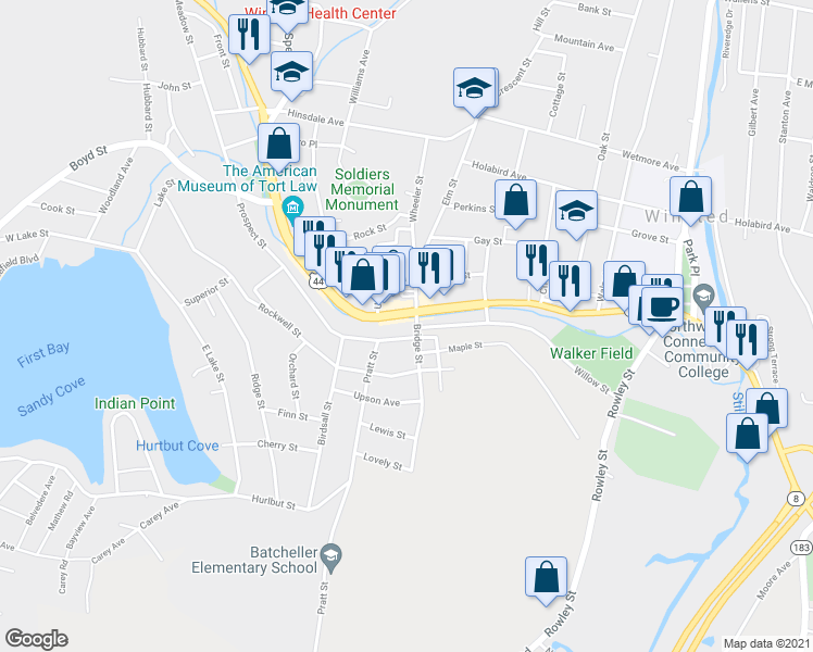 map of restaurants, bars, coffee shops, grocery stores, and more near 10 Bridge Street in Winsted