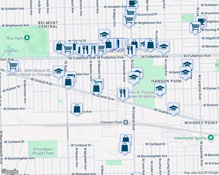 map of restaurants, bars, coffee shops, grocery stores, and more near 2207 North Mango Avenue in Chicago