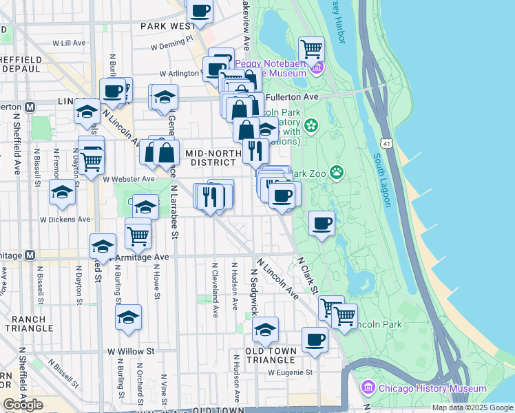 map of restaurants, bars, coffee shops, grocery stores, and more near 354 West Dickens Avenue in Chicago