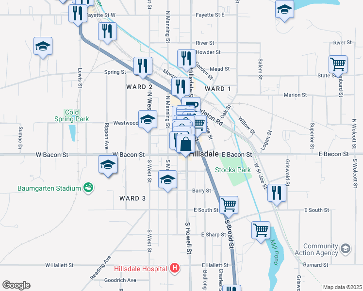 map of restaurants, bars, coffee shops, grocery stores, and more near 22 North Howell Street in Hillsdale