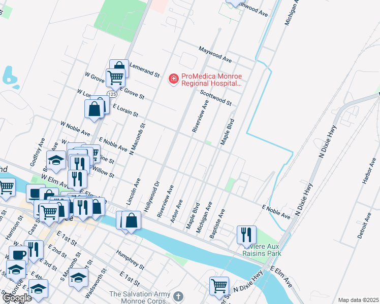 map of restaurants, bars, coffee shops, grocery stores, and more near 458 Riverview Avenue in Monroe
