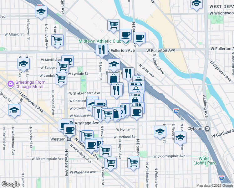 map of restaurants, bars, coffee shops, grocery stores, and more near 2118 North Hoyne Avenue in Chicago
