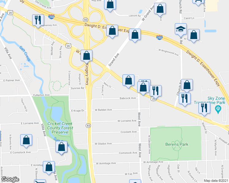 map of restaurants, bars, coffee shops, grocery stores, and more near 654 Mary Court in Elmhurst