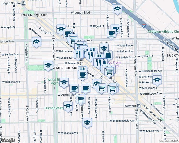 map of restaurants, bars, coffee shops, grocery stores, and more near 2159 North Stave Street in Chicago