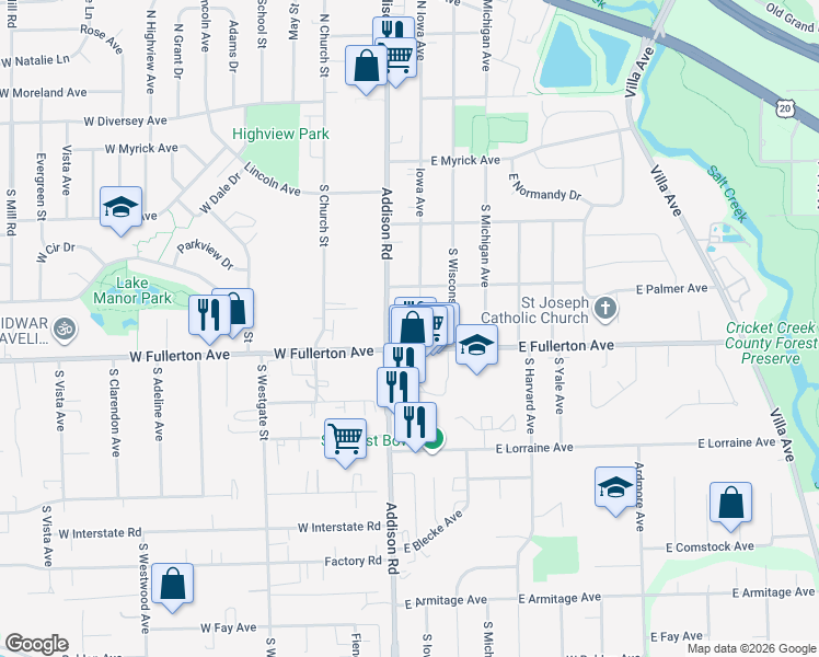 map of restaurants, bars, coffee shops, grocery stores, and more near 334 South Iowa Avenue in Addison