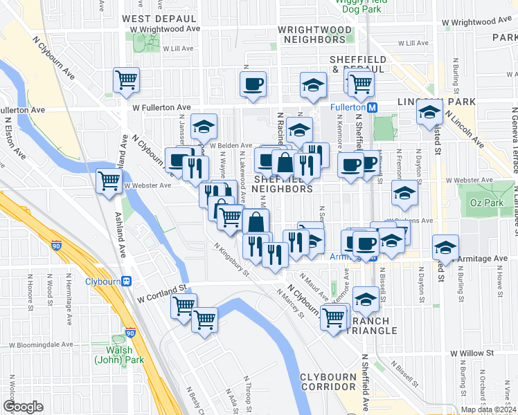 map of restaurants, bars, coffee shops, grocery stores, and more near 2122 North Magnolia Avenue in Chicago