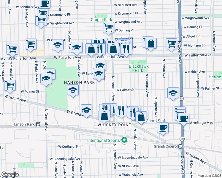 map of restaurants, bars, coffee shops, grocery stores, and more near 2200 North Laramie Avenue in Chicago