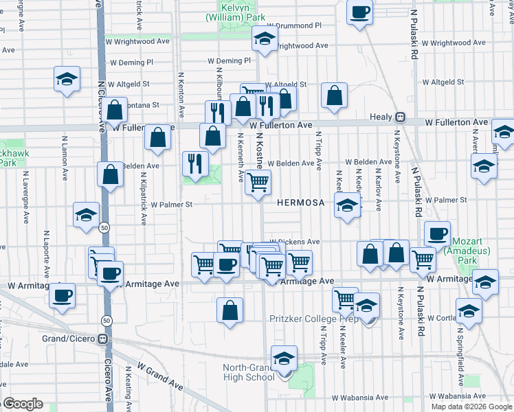map of restaurants, bars, coffee shops, grocery stores, and more near 2156 North Kostner Avenue in Chicago