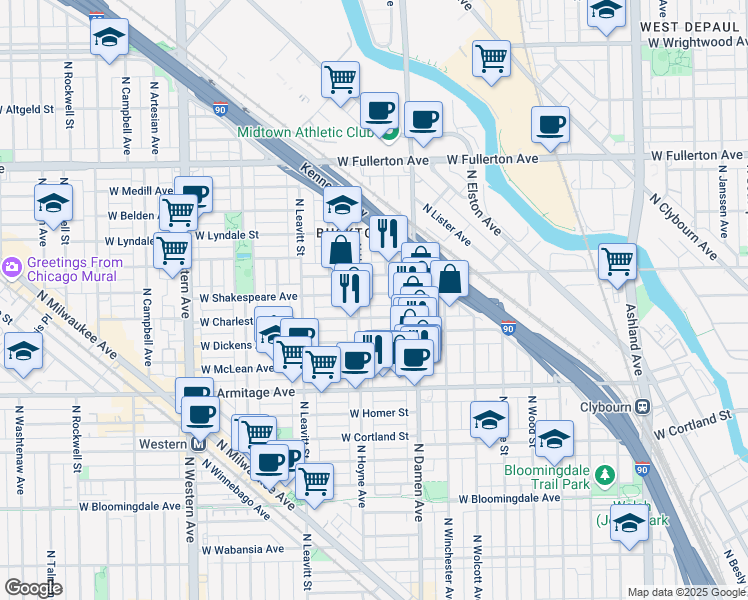 map of restaurants, bars, coffee shops, grocery stores, and more near 2047 West Shakespeare Avenue in Chicago
