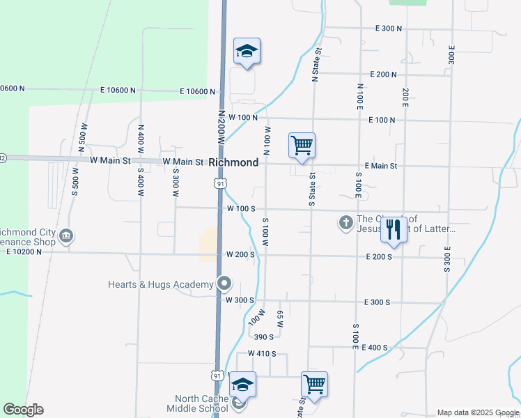 map of restaurants, bars, coffee shops, grocery stores, and more near 90 West 100 South in Richmond