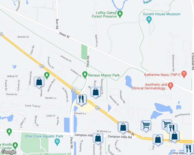 map of restaurants, bars, coffee shops, grocery stores, and more near 282 Birch Lane in Saint Charles