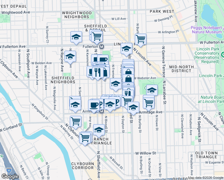 map of restaurants, bars, coffee shops, grocery stores, and more near 2118 North Fremont Street in Chicago
