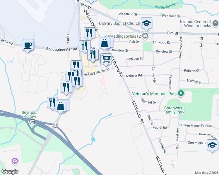 map of restaurants, bars, coffee shops, grocery stores, and more near 3 Concorde Way in Windsor Locks