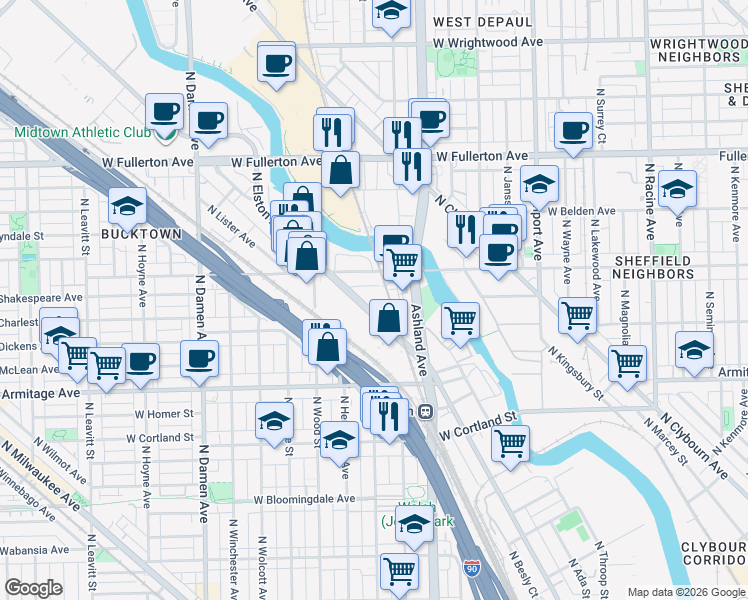 map of restaurants, bars, coffee shops, grocery stores, and more near 2155 North Elston Avenue in Chicago