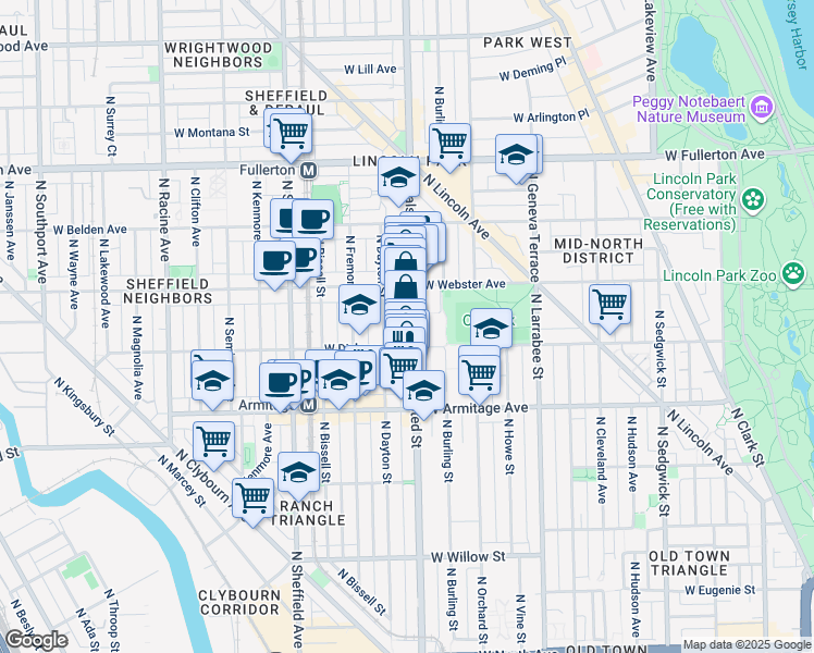 map of restaurants, bars, coffee shops, grocery stores, and more near 2118 North Halsted Street in Chicago