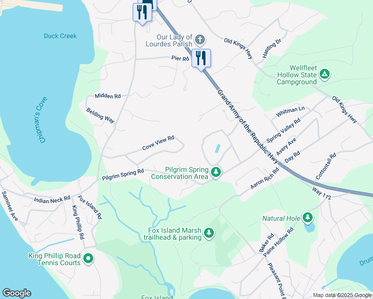 map of restaurants, bars, coffee shops, grocery stores, and more near 215 Cove View Road in Wellfleet