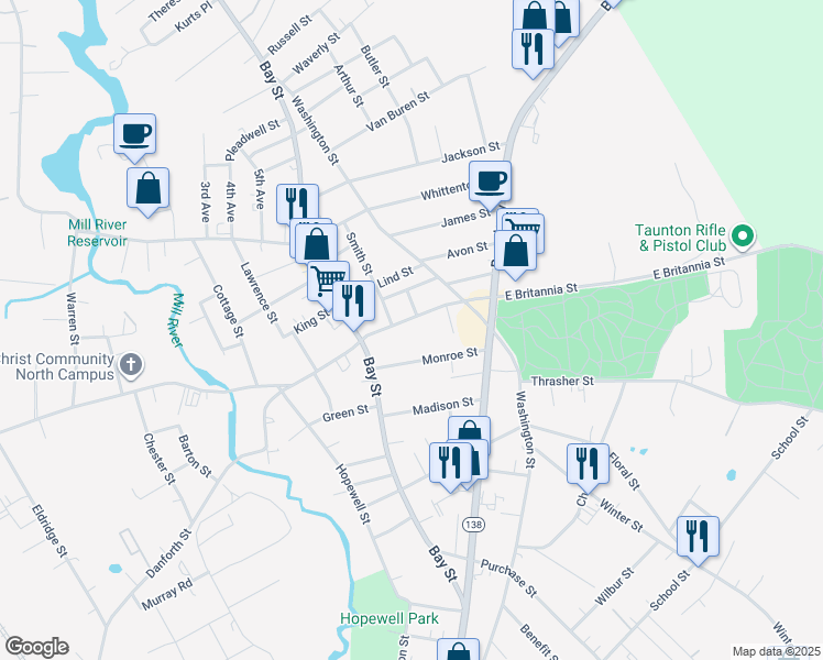map of restaurants, bars, coffee shops, grocery stores, and more near 15 East Britannia Street in Taunton