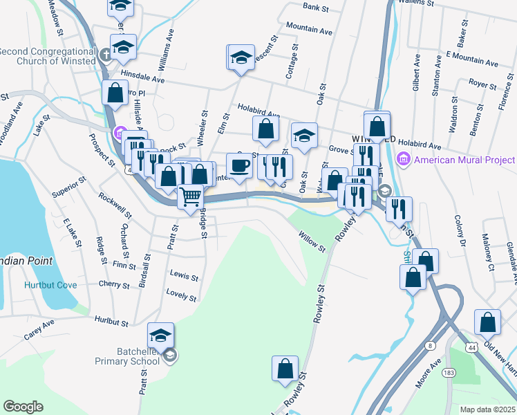 map of restaurants, bars, coffee shops, grocery stores, and more near 120 Willow Street in Winsted