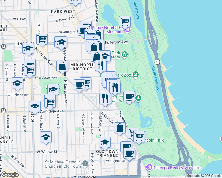 map of restaurants, bars, coffee shops, grocery stores, and more near in Chicago
