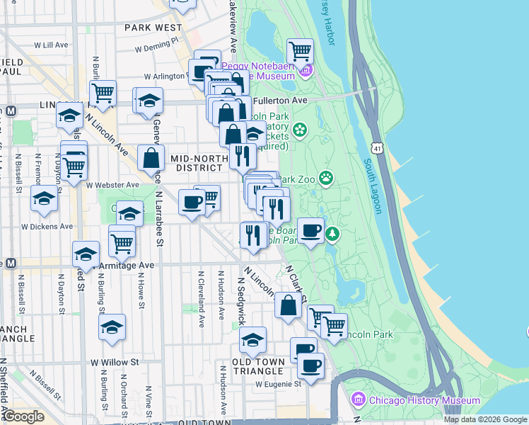 map of restaurants, bars, coffee shops, grocery stores, and more near in Chicago
