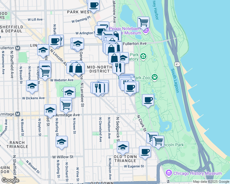 map of restaurants, bars, coffee shops, grocery stores, and more near 2114 North Sedgwick Street in Chicago