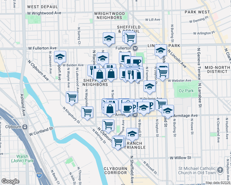 map of restaurants, bars, coffee shops, grocery stores, and more near 2119 North Seminary Avenue in Chicago