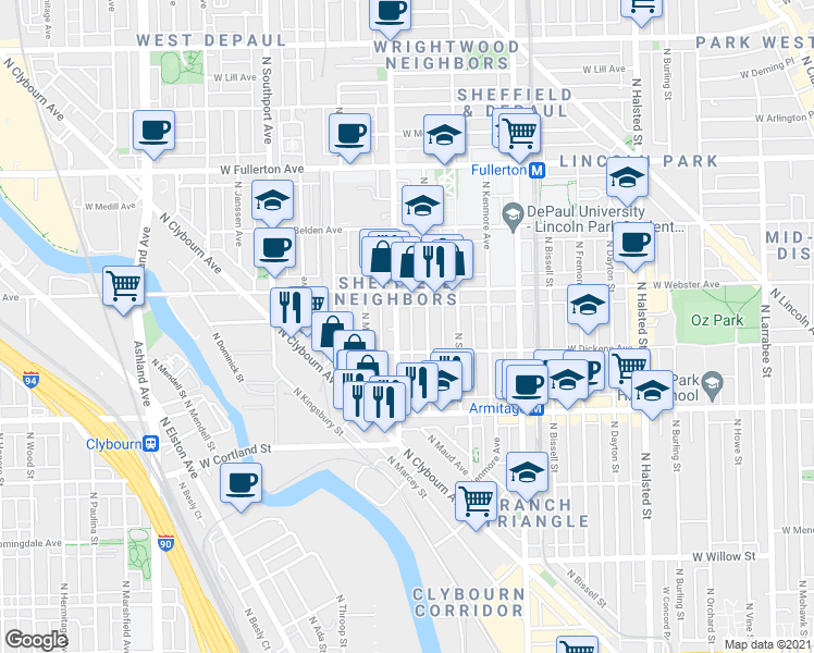 map of restaurants, bars, coffee shops, grocery stores, and more near 2126 North Racine Avenue in Chicago