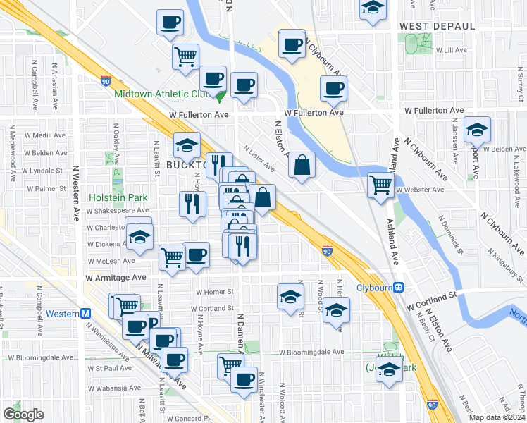 map of restaurants, bars, coffee shops, grocery stores, and more near in Chicago
