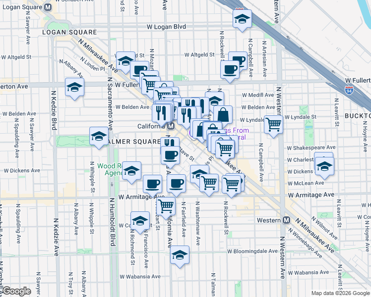 map of restaurants, bars, coffee shops, grocery stores, and more near 2159 North Stave Street in Chicago