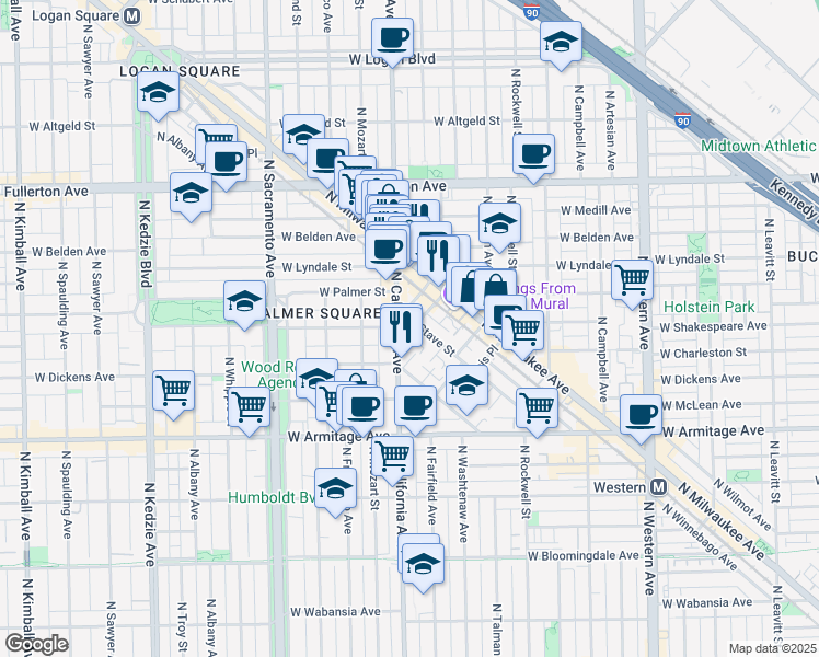 map of restaurants, bars, coffee shops, grocery stores, and more near 2801 West Shakespeare Avenue in Chicago