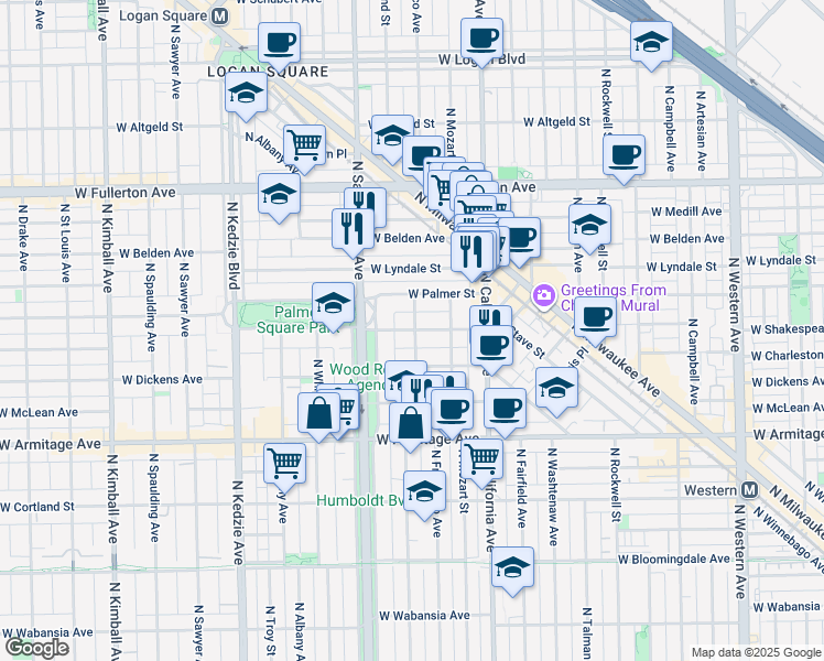 map of restaurants, bars, coffee shops, grocery stores, and more near 2127 North Humboldt Boulevard in Chicago
