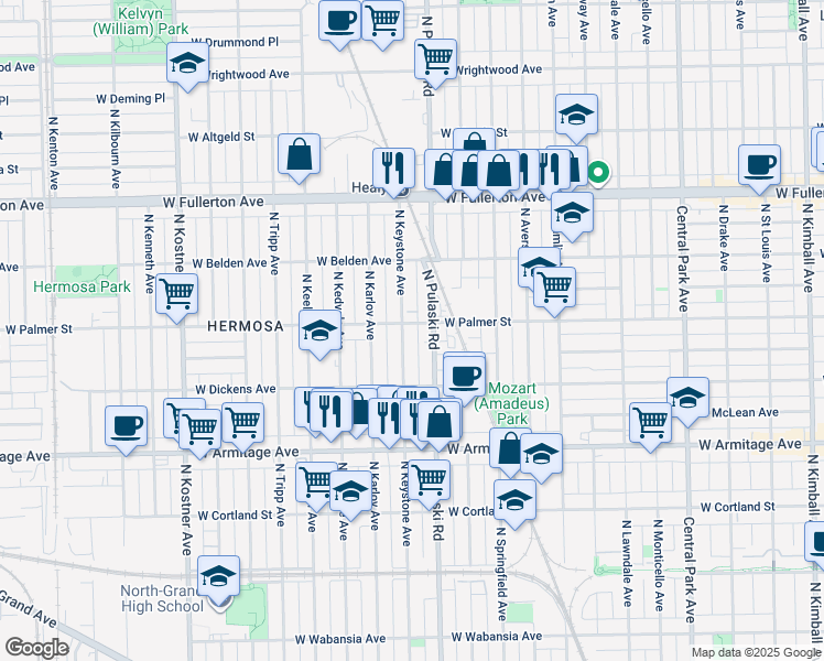map of restaurants, bars, coffee shops, grocery stores, and more near 2151 North Keystone Avenue in Chicago