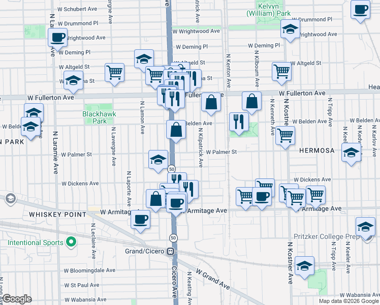 map of restaurants, bars, coffee shops, grocery stores, and more near 2158 North Kilpatrick Avenue in Chicago