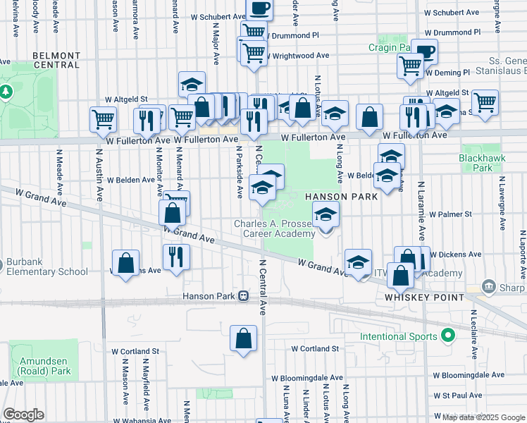map of restaurants, bars, coffee shops, grocery stores, and more near 2231 North Central Avenue in Chicago