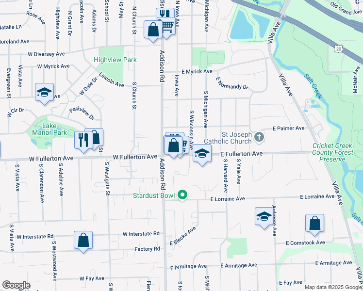map of restaurants, bars, coffee shops, grocery stores, and more near 335 Iowa Avenue in Addison