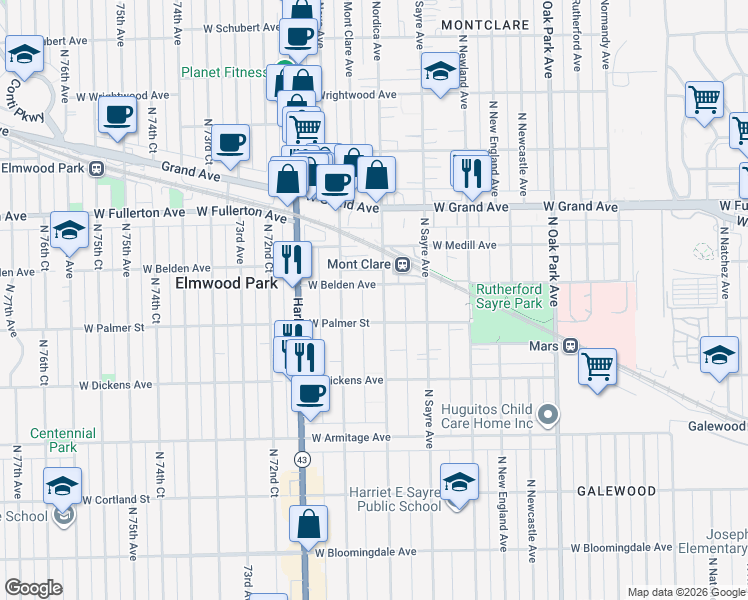 map of restaurants, bars, coffee shops, grocery stores, and more near 2222 North Nordica Avenue in Chicago