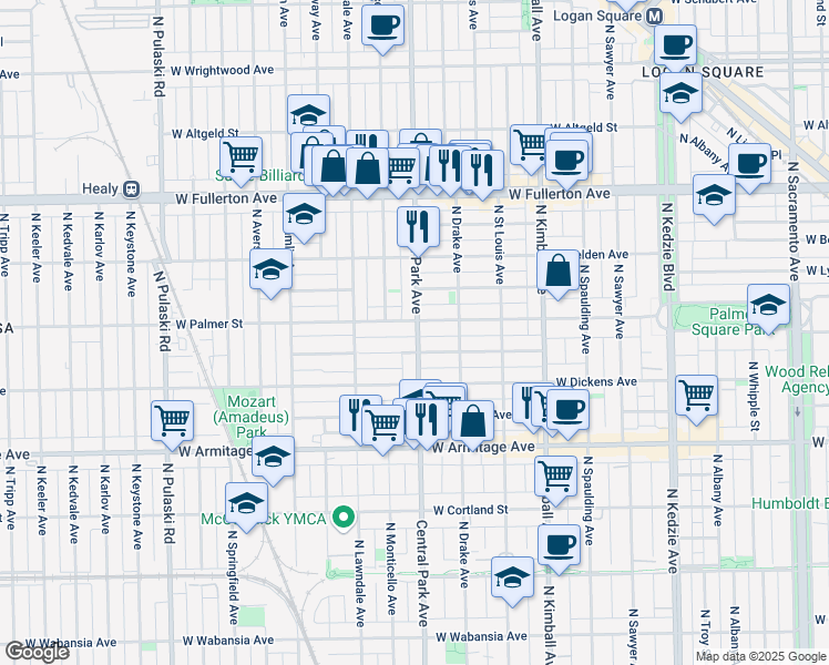 map of restaurants, bars, coffee shops, grocery stores, and more near 2148 North Central Park Avenue in Chicago