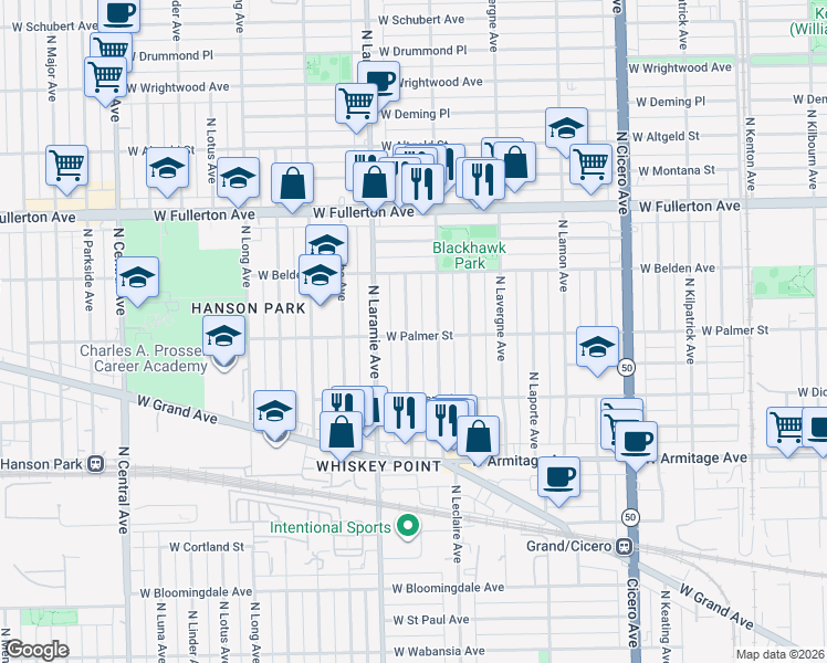 map of restaurants, bars, coffee shops, grocery stores, and more near 2201 North Leamington Avenue in Chicago