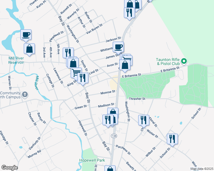 map of restaurants, bars, coffee shops, grocery stores, and more near 9 Pierce Avenue in Taunton