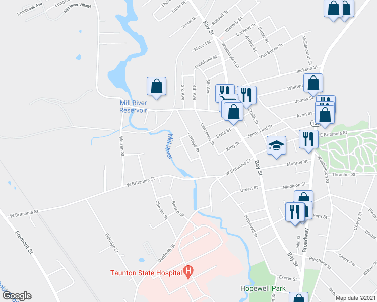 map of restaurants, bars, coffee shops, grocery stores, and more near 7 Meadow Street in Taunton