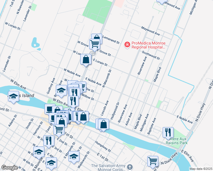 map of restaurants, bars, coffee shops, grocery stores, and more near 231 East Noble Avenue in Monroe
