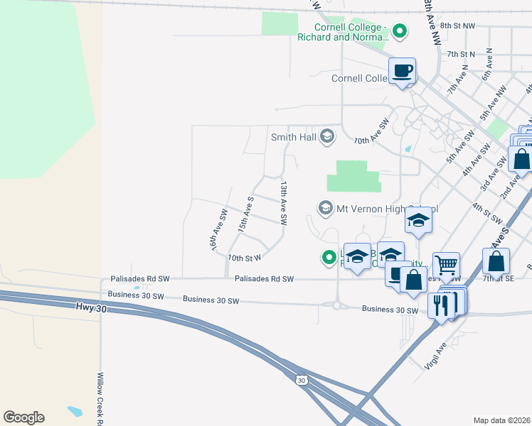 map of restaurants, bars, coffee shops, grocery stores, and more near 1415 8th Street West in Mount Vernon