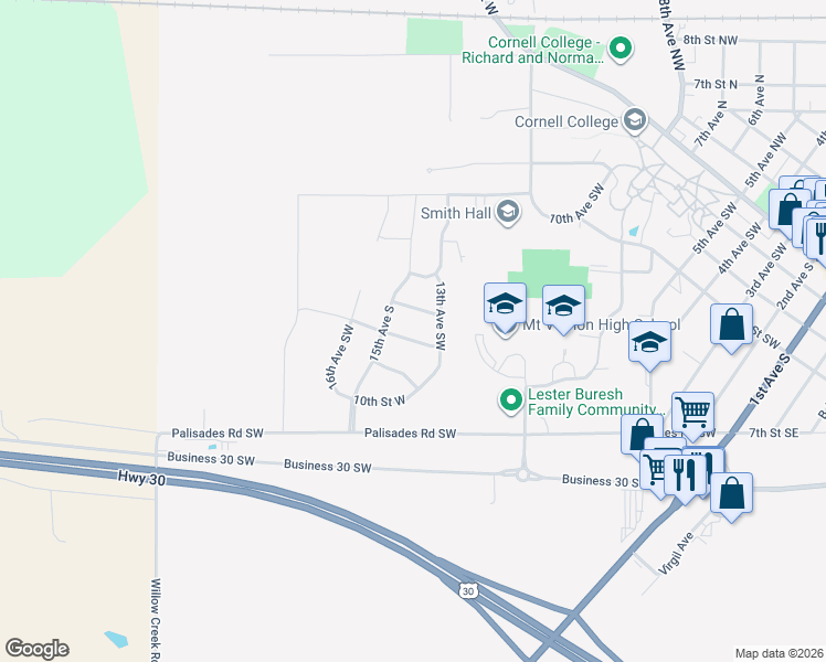 map of restaurants, bars, coffee shops, grocery stores, and more near 1415 8th Street West in Mount Vernon