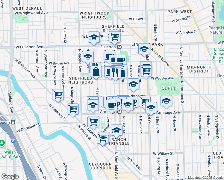 map of restaurants, bars, coffee shops, grocery stores, and more near 2120 North Sheffield Avenue in Chicago