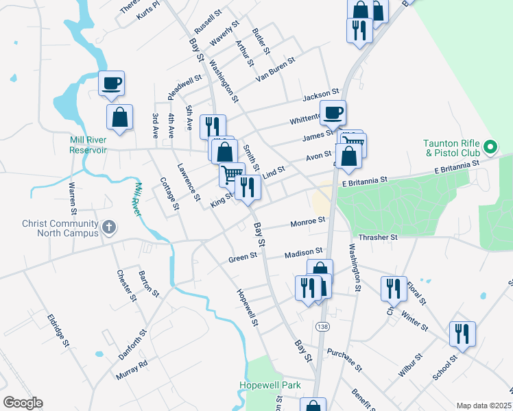 map of restaurants, bars, coffee shops, grocery stores, and more near 2 East Britannia Street in Taunton