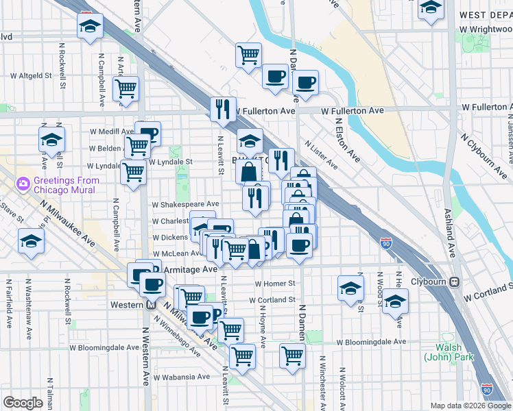map of restaurants, bars, coffee shops, grocery stores, and more near 2119 West Shakespeare Avenue in Chicago